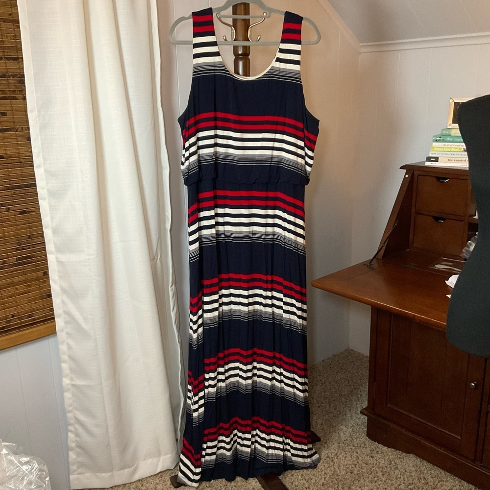 ONE WORLD Red White and Blue Striped Sleeveless Maxi Dress